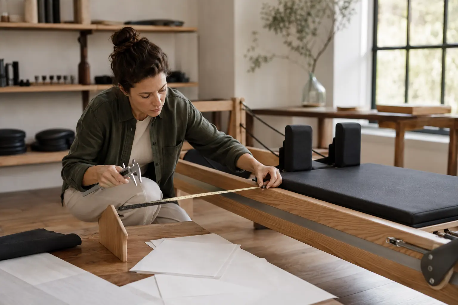 Product specialist measuring and inspecting an oak Pilates Reformer