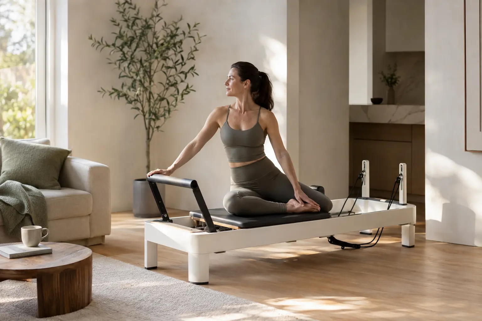 Woman practicing Pilates on a Reformer in a refined modern home