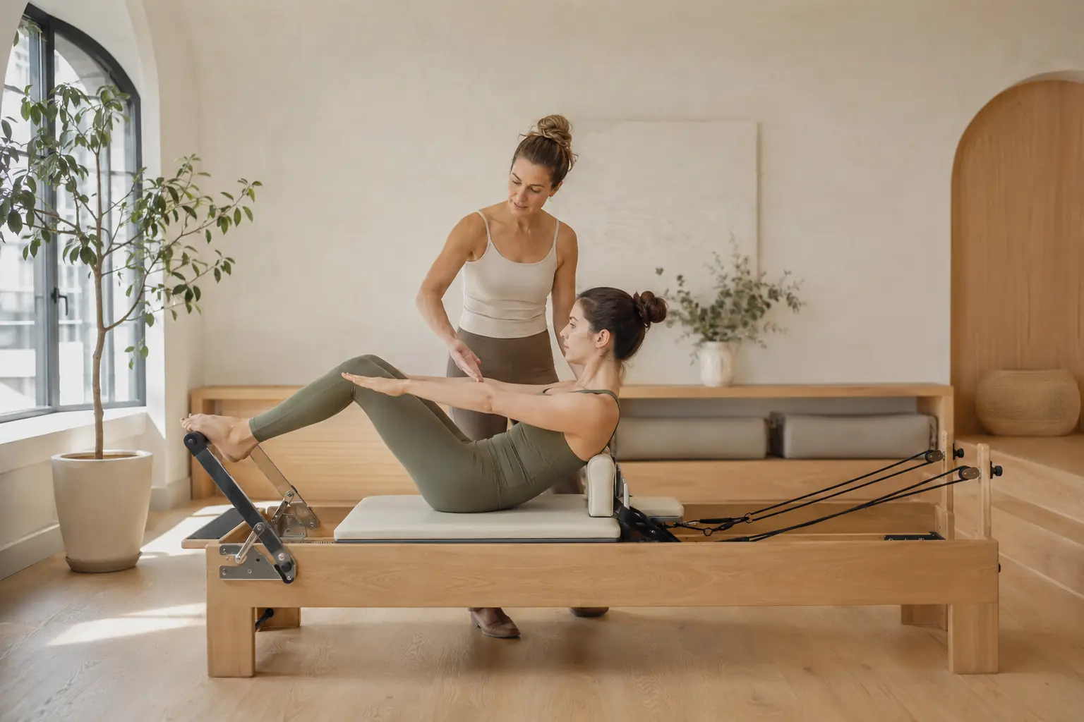 Qualified instructor guiding a client on an oak Pilates Reformer